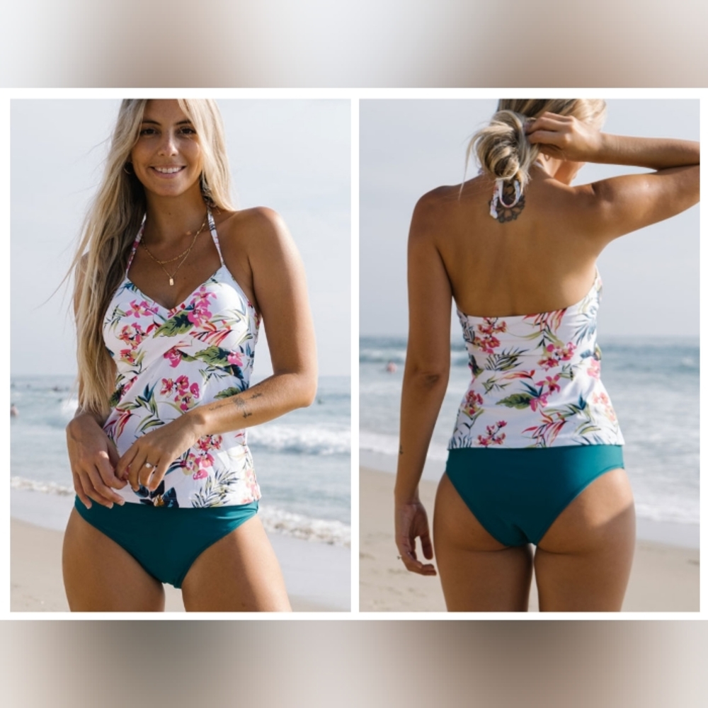 Beachsissi Halter Floral Tankini Set, Teal, Size S
